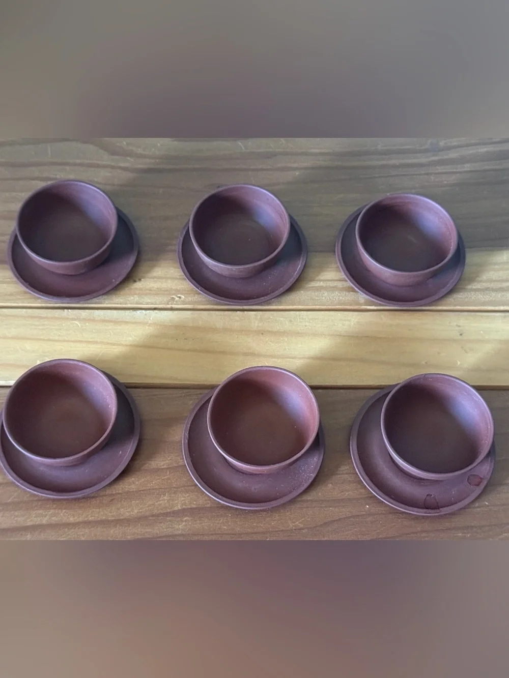 Set of 6 Chinese Yixing Style Purple Clay Tea Cups & Saucers Maker Mark